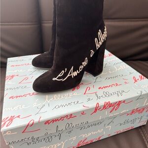 Dolce & Gabbana Black Suede Heeled Boots with White Script